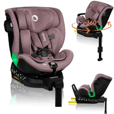 A collage of images showing a rose-colored child car seat from different angles, including a 360-degree rotation demonstration.