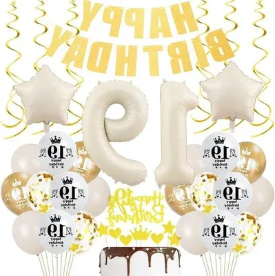 Produktbild von Verjaardagsdekoration 19 Jahre mit beige Ballons für Jungen Mädchen - Feierliche cremefarbene goldene Verzierung - Boho-Thema 19 Jahre beige gold Deko - Feierartikel 19. Geburtstag