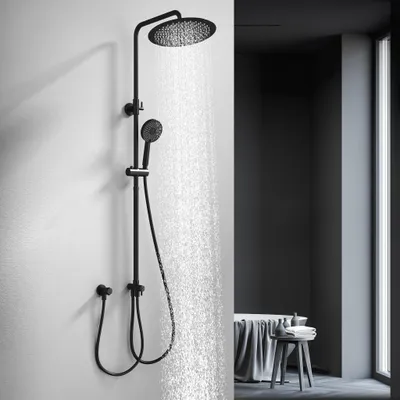Produktbild von Duschsystem ohne Armatur, SUS 304 Edelstahl Duschset Duschsäule mit 30cm kopfbrause & Handbrause Rund, 3 Strahlarten, Schwarz
