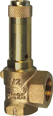 A brass safety valve with threaded connections.