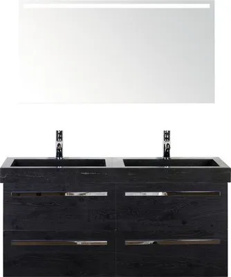Produktbild von Sanox Badmöbel-Set Seville BxHxT 121 x 170 x 45,5 cm Frontfarbe black oak mit Waschtisch Naturstein schwarz, Waschtischu