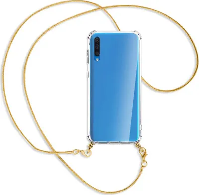 Produktbild von Handykette Backcover-Schutzhülle mit Band (Metall goldfarben) für Samsung Galaxy A70 - goldfarbene Kette Snake