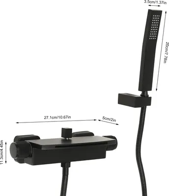 A black shower faucet set with dimensions shown.