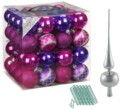 Zdjęcie produktu dla 64 sztuki plastikowych bombek choinkowych, średnica 6 cm, w kolorach różu i fioletu, wraz z ozdobną gwiazdą na szczycie (28 cm) i haczykami do zawieszania