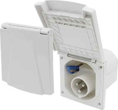 A white CEE outdoor socket with its cover open, showing the internal plug connection.