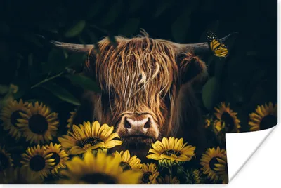 Produktbild von MuchoWow® Poster Schottische Highlander - Blumen - Kuh - Botanisch - Tiere 180x120 cm - Fotoplakat