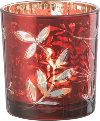 Image de J-Line Bougeoir Feuilles Verre Rouge/Or Antique Small