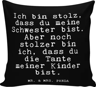 Produktbild von Mr. & Mrs. Panda Dekokissen Ich bin stolz, dass... - Schwarz - Geschenk, Tante, kissen bedruckt, Nichte Geburt, Sofa, couch, Neffe, Lustige Sprüche, kuschelkissen 40x40