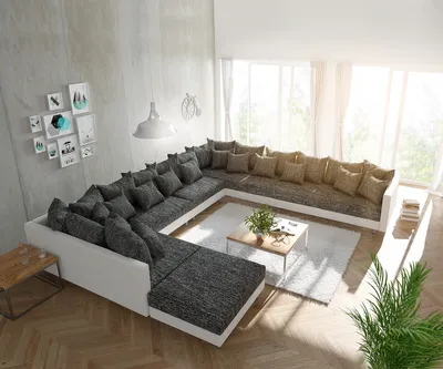 Produktbild von Couch Clovis XXL Weiss Schwarz mit Hocker Ottomane Rechts Wohnlandschaft