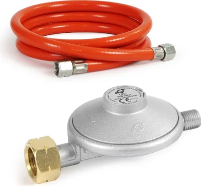 Produktbild von Wiltec Gasdruckminderer Italien, Gasdruckregler 700 mbar, 1,5 m Gasschlauch mit Druckminderer, Druckregler für große Geräte, Gasregler für Gasheizgebläse