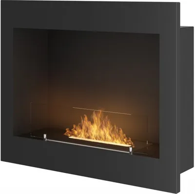 A modern black ethanol fireplace with a glass barrier and visible flames.