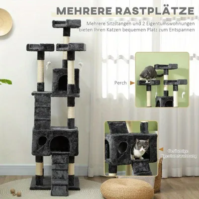 Immagine prodotto di Albero per gatti XXL con casetta – Grande torre da arrampicata e grattacavi in grigio – 50x50x170 cm