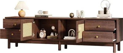 Image de Fortuna Lai 180 cm Armoire TV en bois, 2 portes en rotin, 4 tiroirs, charnières hydrauliques, marron