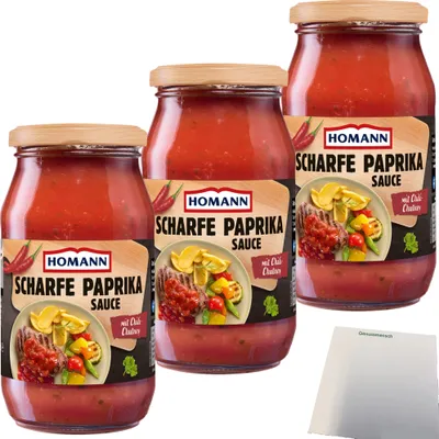 Produktbild von Homann scharfe Paprika Sauce echt pikant 3er Pack (3x400ml Glas) + usy Block