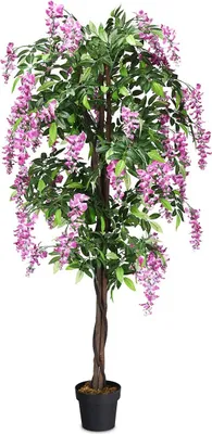 Produktbild von COSTWAY Kunstbaum mit Blüten, Kunstpflanze groß im Topf, Zimmerpflanze mit natürlichen Blättern & 2 Stämmen, Künstlicher Blumen Pflanze Baum Kunstblume Rosa, Deko Pflanze künstlich, Grünpflanze 180 cm