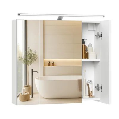 Produktbild von VASAGLE Spiegelschrank, Hängeschrank mit verstellbaren Ablagen, Beleuchtung, 3 Türen, modern, 15 x 60 x 55 cm, weiß