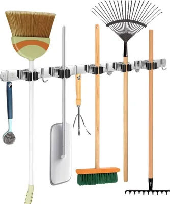 Image de Recalma Porte-balai mural, Porte-outils en acier inoxydable avec support mural. Support balai à franges Autocollant Porte-outils Organisateur