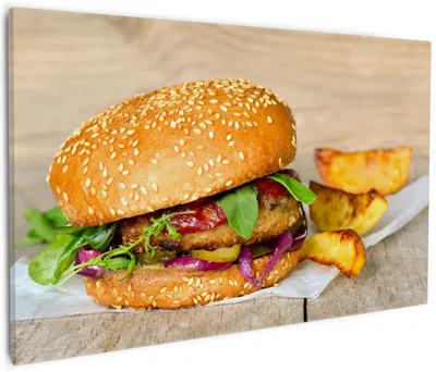 Produktbild von Wallario Premium Leinwandbild Burger mit frischem Salat und Pommes in Größe 60 x 90 cm
