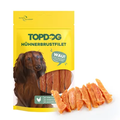 Produktbild von TOPDOG Hähnchenbrustfilet in Streifen - zuckerfrei - getreidefrei - 10x 80g - Snack für Hunde