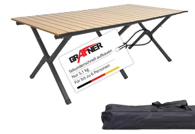 Produktbild von Grafner Campingtisch klappbar 118x58x43cm Holzoptik niedrige Ausführung, kleines Packmaß mit Tasche, stabil und tragbar, bis 50 kg, Kohlenstoffstahl, Rolltisch Klapptisch Picknick Tisch