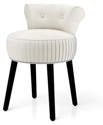 Produktbild von Samt Schminkhocker mit Lehne, gepolsterter Vanity Sitzhocker mit tief getufteter Rückenlehne und massiven Holzbeinen, kleiner Schminkstuhl, Akzentstuhl für Schlafzimmer und Wohnzimmer (Weiß)