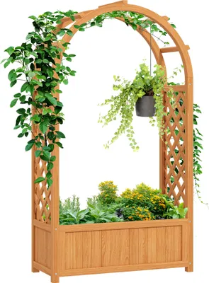 Produktbild von Outsunny Hochbeet Pflanzkasten mit Rankgitter, Gebogendach Spalier Pflanzkübel Holz, Gartenspalier 83x36x145cm für Garten Balkon Terrasse