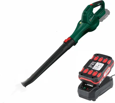 A cordless leaf blower with its battery and charger are shown against a white background.