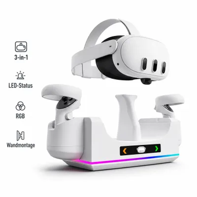Produktbild von 3-in-1 Ladestation für Meta Quest 3 / Quest 3S, VR Ladedock mit RGB-Beleuchtung, Wandmontage möglic