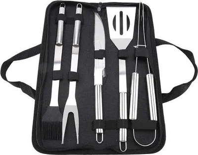 Produktbild von Edelstahl-Grillwerkzeug-Set 5-teilig, robust, BBQ-Zubehör, Outdoor, mit Messer