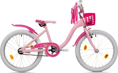 Produktbild von Goetze Pixie 20" - Mädchenfahrrad mit Aluminiumrahmen, V-Brake/Rücktrittbremse, Stützrädern, Korb und bunten Bändern.