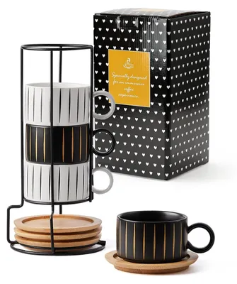 Image de Ensemble de 4 tasses à café de 160 ml avec soucoupes – Tasses en céramique élégantes – Motifs marbrés/rayés – Uniques et artistiques