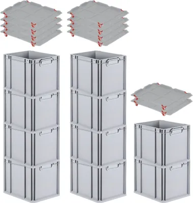 Produktbild von SparSet 10x Eurobox NextGen Economy mit Auflagedeckel und 4x Schiebeschnappverschlüsse Rot | Griffe geschlossen | HxBxT 32x30x40cm | 30 Liter | Eurobehälter, Transportbox, Transportbehälter, Stapelbehälter