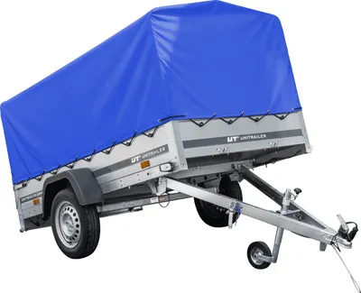 Produktbild von Auto Anhänger 230x125 Garden Trailer 230 KIPP Unitrailer 750 kg mit Stützrad, blauer Hochplane und Hochspriegel