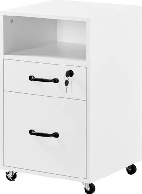 A white rolling filing cabinet with two drawers and an open shelf.