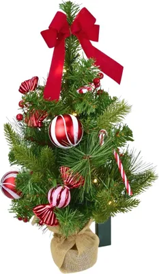 Produktbild von Weihnachtsbaum mit roter Schleife und Bonbon-Dekorationen, 15×LED, 50 cm