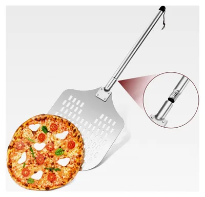 Produktbild von Pizzaschieber, 30,6 x 42,3 cm, große Fläche, perforierter Pizzaschieber aus harteloxiertem Aluminium, für Grill und Pizzaofen, 12 Zoll Pizzaschaufel mit abnehmbarem Edelstahlgriff für Pizza und Brot