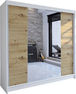 A sliding door wardrobe with wood-effect panels and mirrored doors, reflecting a room with a brick wall, amplifier, and guitar.