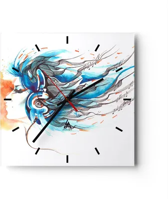 Produktbild von Wanduhr - Quadrat - Glasuhr - disco dj Mädchen Abbildung - 40x40cm - Schleichendes Uhrwerk - Lautlos - zum Aufhängen bereit - Dekoration Modern - Wanddekoration aus Glas - C3AC40x40-3029