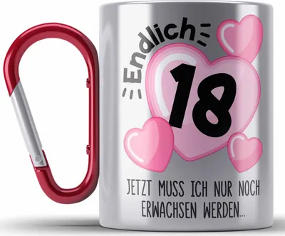 Produktbild von Trendation - 18. Geburtstag Edelstahl Tasse Karabiner Geschenk Mädchen Geschenkidee Lustig Spruch 18 Geschenke Geschenkideen zum 18 Bday 18er (Rot)