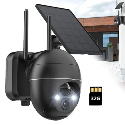 Image de caméra de surveillance solaire 2K Extérieur Batterie Caméra de surveillance sans fil avec vision nocturne couleur PIR Détecteur de mouvement Sirène/alarme lumière blanche avec carte 32G TF