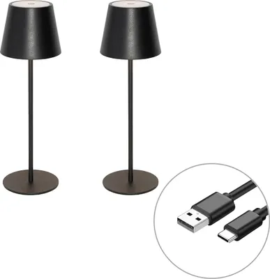 Two black table lamps and a USB charging cable are displayed against a white background.
