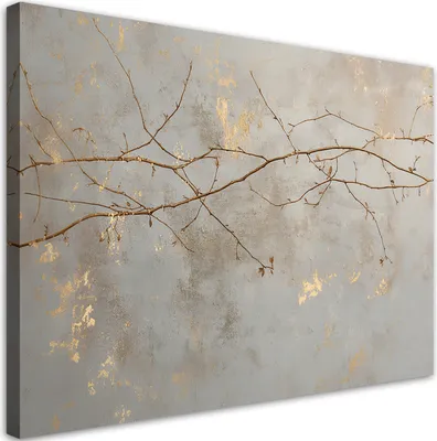A close-up of a canvas print featuring branches against a textured gray and gold background.