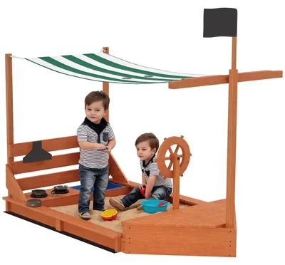 Produktbild von Sandkasten Piratenschiff mit Sonnendach, inkl. Kinderküche Spielset, Massivholz Tannenholz, 180 x 103 x 144,5 cm, Grün, Spielzeugfach, für 3-7 Jahre