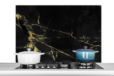 Produktbild von KitchenYeah®  Spritzschutz Küche - Küchenrückwand - Wandschutz für Herd und Spüle - Marmor - Schwarz - Gold - Luxus 100x65 - Alu-Dibond (Alternative zum Spritzschutz aus Glas) - Hitzebeständig - Herds