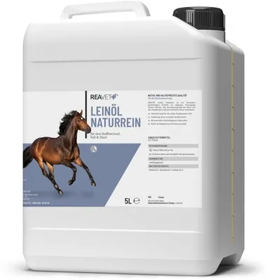 Produktbild von REAVET Leinöl für Pferde, 5-Liter-Kanister I Kaltgepresst, 100% aus Reiner Leinsaat I Reich an Omega 3 & 6 I Barf-Zusatz, Barf Öl für Hund und Pferd