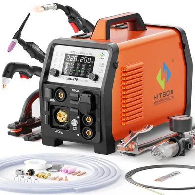 Zdjęcie produktu dla HBMC270 – spawarka 6 w 1 – MIG z gazem/bez gazu – HF TIG MMA – przecinarka plazmowa – spawanie aluminium – falownik 160 A – wtyczka UE