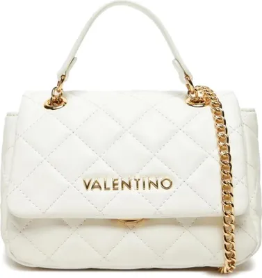 A white quilted Valentino handbag with gold hardware and chain strap.