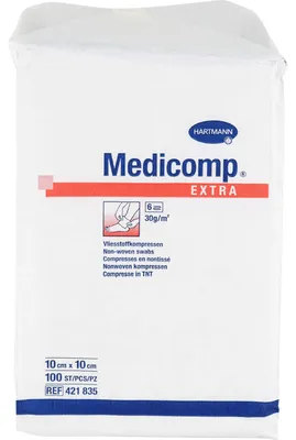 Zdjęcie produktu dla Medicomp Extra kompresy włókninowe 10 cm x 10 cm niesterylne, 100 kompresów