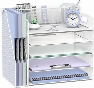 Obrázek produktu pro Kancelářský organizér s držákem na dokumenty, 5 přihrádek, kancelářský organizér se 3 přihrádkami na mince, poštovní schránka do kanceláře, bílá