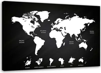 Produktbild von Leinwandbild schwarz-weiße weltkarte 60x40 cm Feeby grau wandbild bereit zum aufhängen